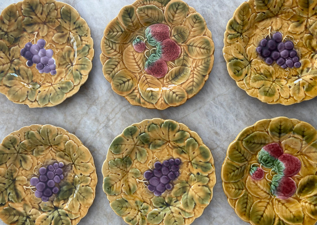 Vintage Majolica plates with grape and strawberry motifs. Set of Six