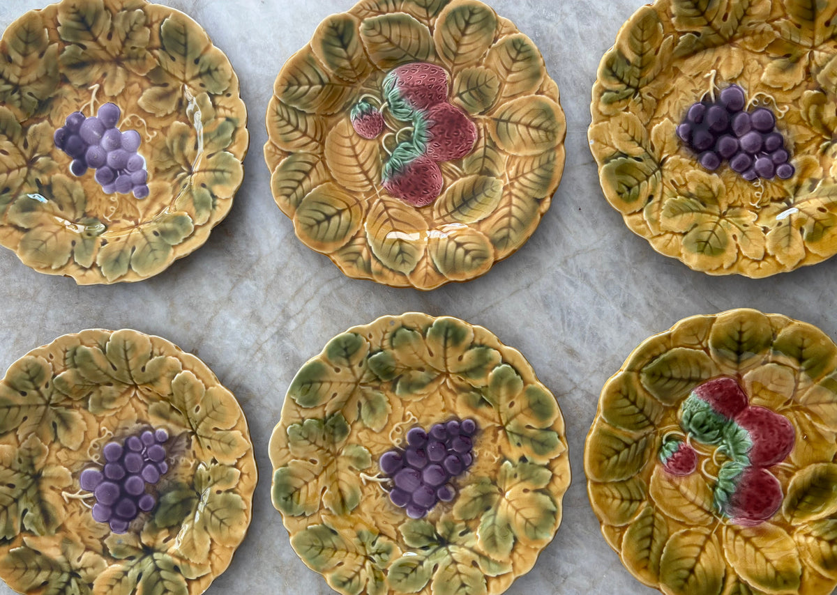 Vintage Majolica plates with grape and strawberry motifs. Set of Six