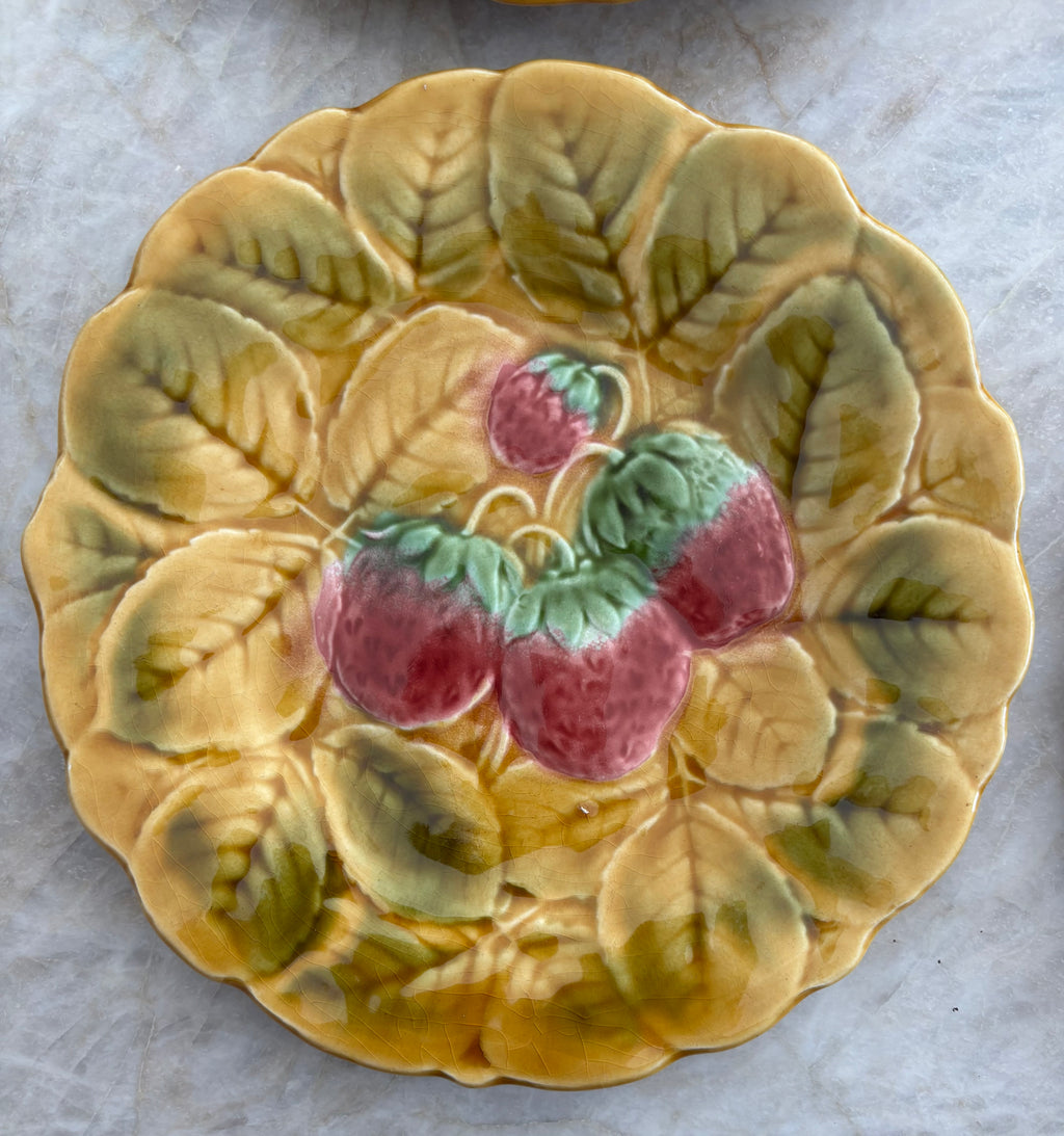 Vintage Majolica plates with grape and strawberry motifs. Set of Six