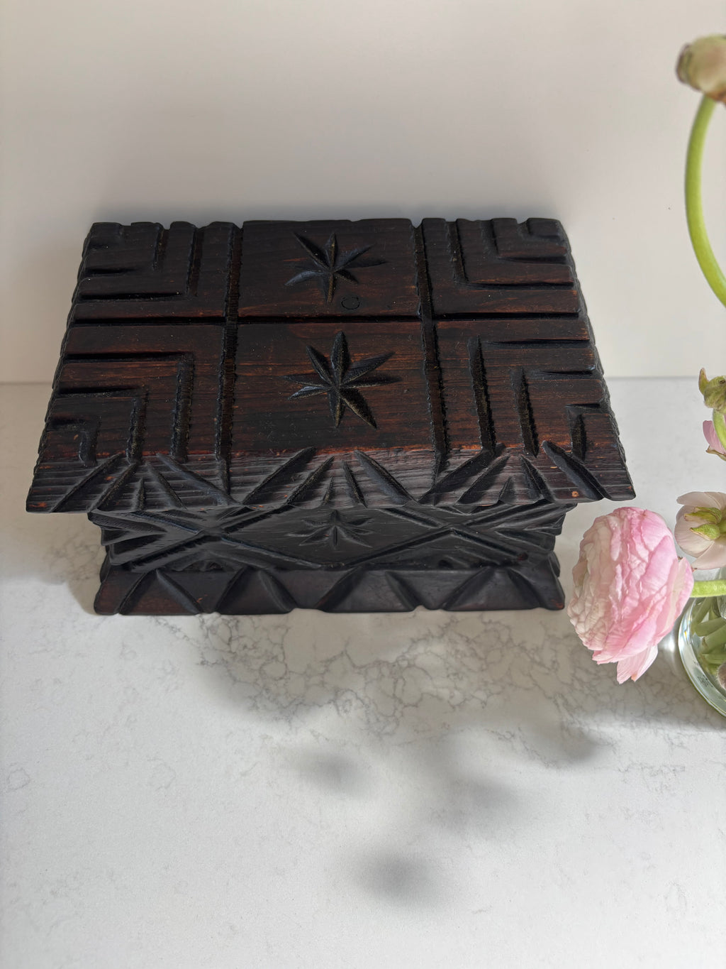 Vintage Spanish Brutalist Carved Wood Box